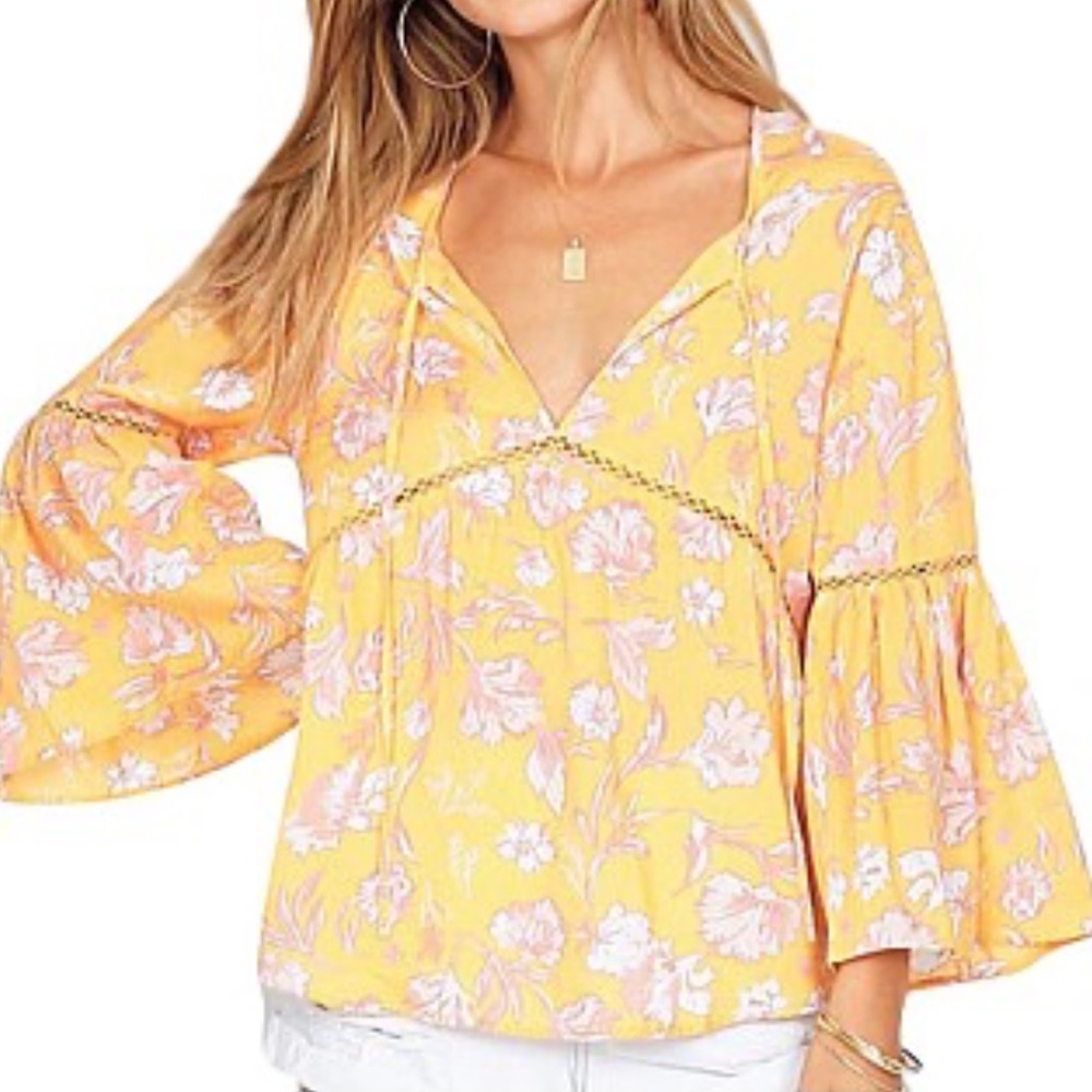 Amuse Society Nicely Put Shirt Yellow Boho Bell Sleeve Floral‎ Print Blouse XS